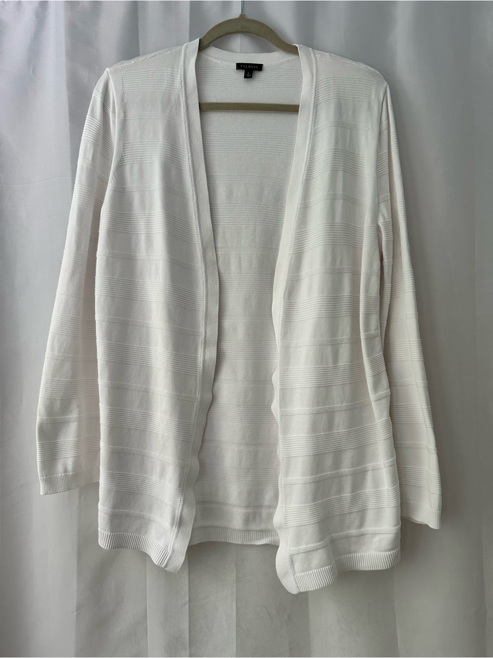 Talbots Open Front Cardigan L White Textured Stripe Knit Classic Preppy Classic